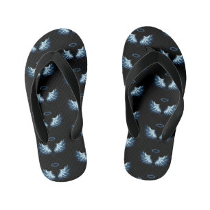 Blue Glowing Angel Wings on black background Kid's Jandals
