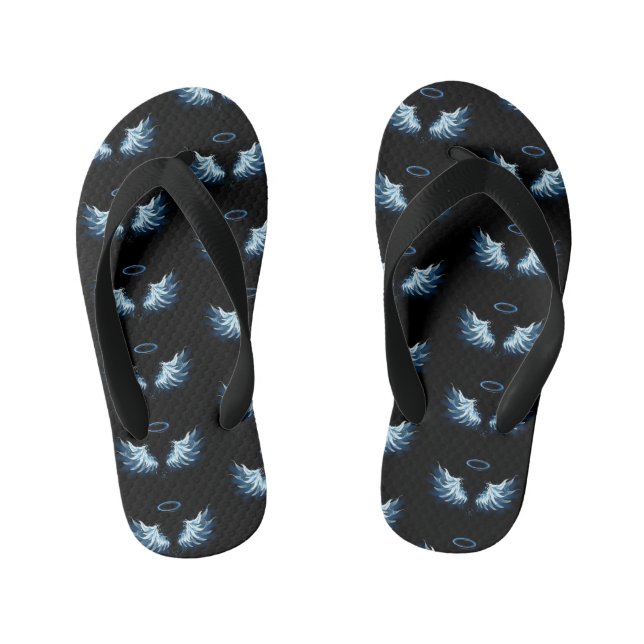 Blue Glowing Angel Wings on black background Kid's Jandals (Footbed)