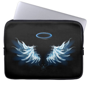Blue Glowing Angel Wings on black background Laptop Sleeve