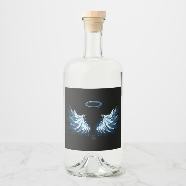 Blue Glowing Angel Wings on black background Liquor Bottle Label (Front)