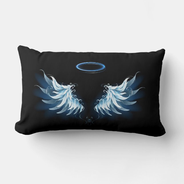 Blue Glowing Angel Wings on black background Lumbar Cushion (Front)