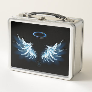 Blue Glowing Angel Wings on black background Metal Lunch Box