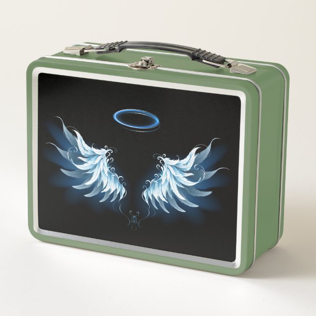 Blue Glowing Angel Wings on black background Metal Lunch Box (Front)
