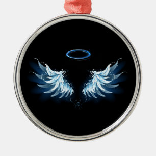 Blue Glowing Angel Wings on black background Metal Tree Decoration