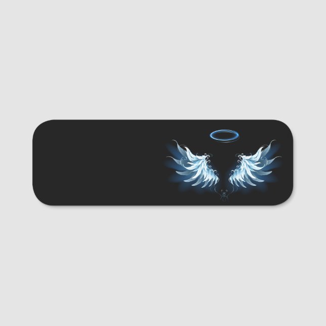 Blue Glowing Angel Wings on black background Name Tag (Front)