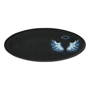 Blue Glowing Angel Wings on black background Name Tag