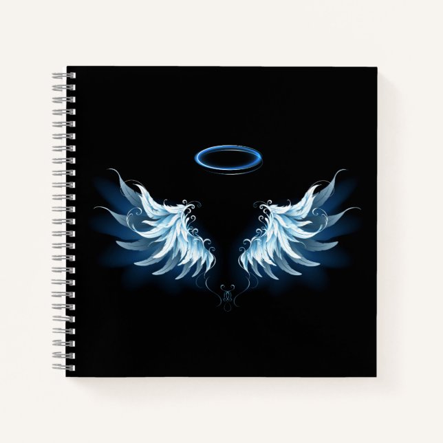 Blue Glowing Angel Wings on black background Notebook (Front)