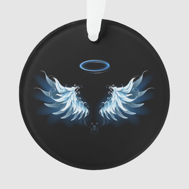 Blue Glowing Angel Wings on black background Ornament (Front)
