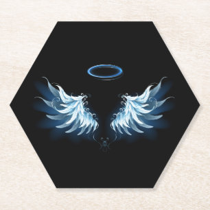 Blue Glowing Angel Wings on black background Paper Coaster