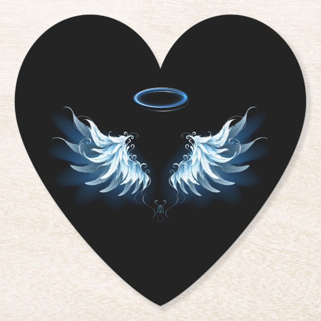 Blue Glowing Angel Wings on black background Paper Coaster (Front)