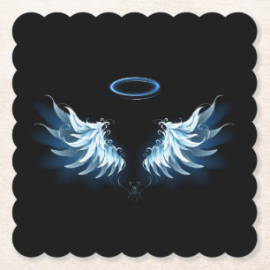 Blue Glowing Angel Wings on black background Paper Coaster