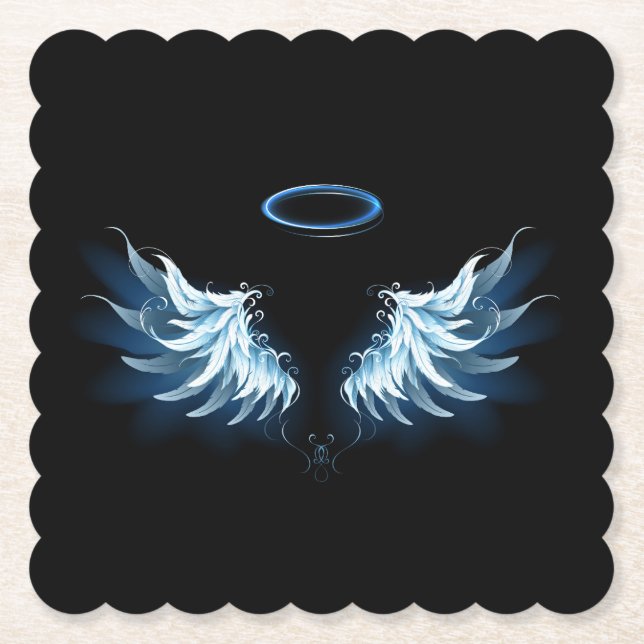 Blue Glowing Angel Wings on black background Paper Coaster (Front)
