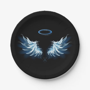 Blue Glowing Angel Wings on black background Paper Plate