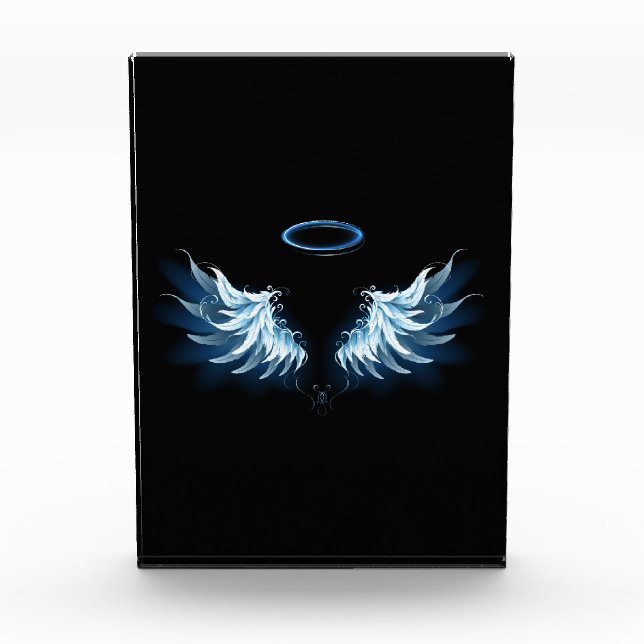 Blue Glowing Angel Wings on black background Photo Block (Front)