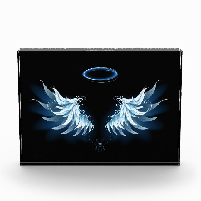 Blue Glowing Angel Wings on black background Photo Block (Front)
