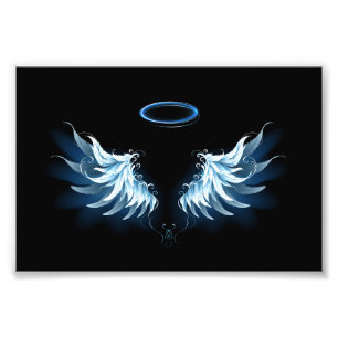 Blue Glowing Angel Wings on black background Photo Print