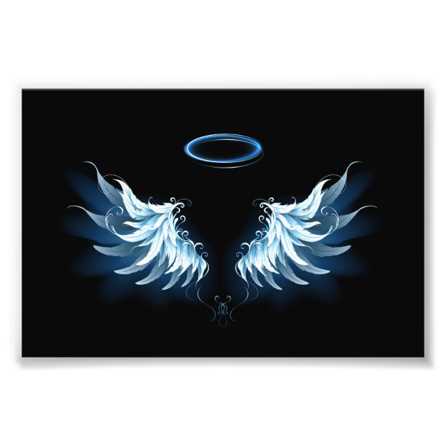 Blue Glowing Angel Wings on black background Photo Print (Front)