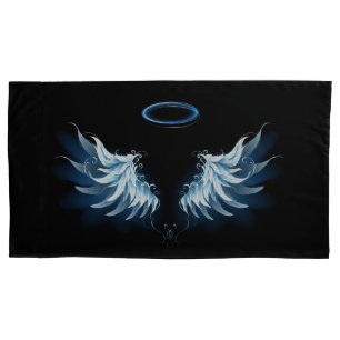 Blue Glowing Angel Wings on black background Pillowcase