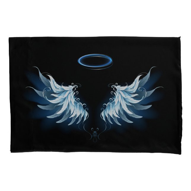 Blue Glowing Angel Wings on black background Pillowcase (Front-Left)