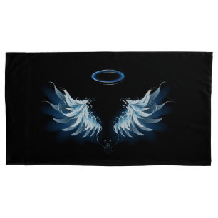 Blue Glowing Angel Wings on black background Pillowcase