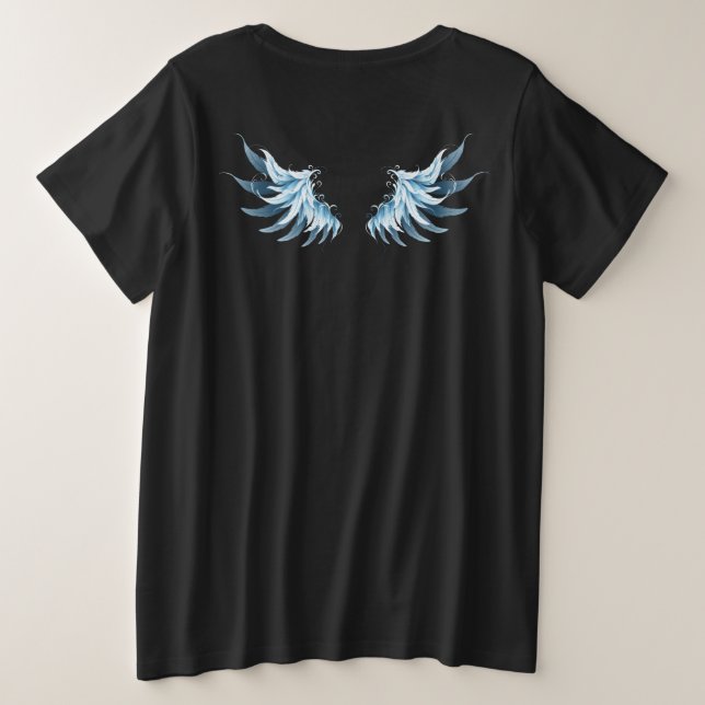 Blue Glowing Angel Wings on black background Plus Size T-Shirt (Design Back)