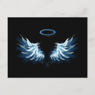 Blue Glowing Angel Wings on black background Postcard
