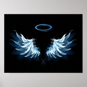 Blue Glowing Angel Wings on black background Poster