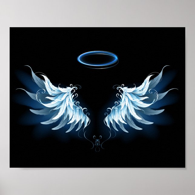 Blue Glowing Angel Wings on black background Poster (Front)