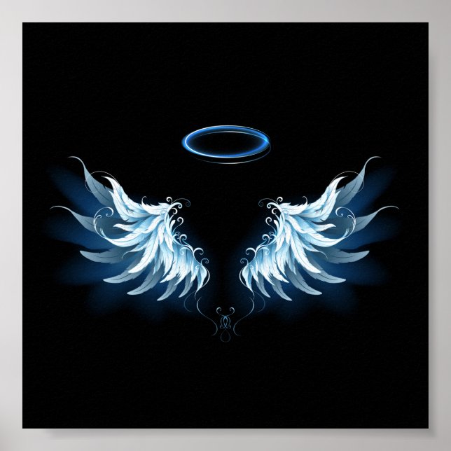 Blue Glowing Angel Wings on black background Poster (Front)