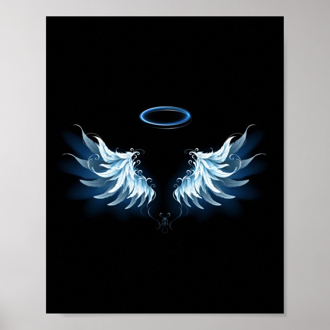 Blue Glowing Angel Wings on black background Poster (Front)