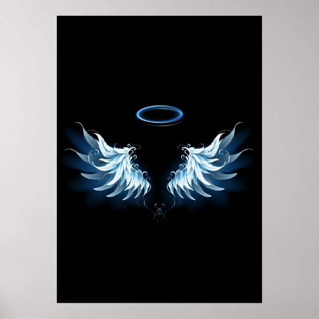 Blue Glowing Angel Wings on black background Poster (Front)