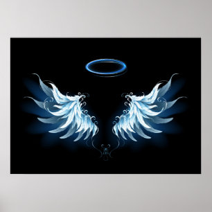 Blue Glowing Angel Wings on black background Poster