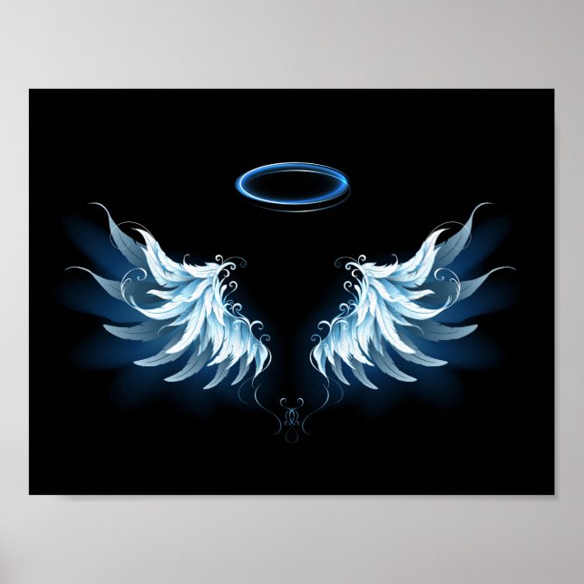 Blue Glowing Angel Wings on black background Poster (Front)