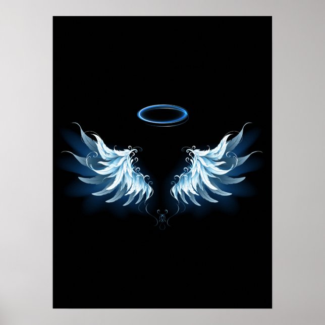 Blue Glowing Angel Wings on black background Poster (Front)