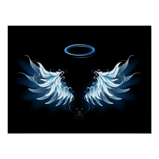 Blue Glowing Angel Wings on black background Poster (Front)