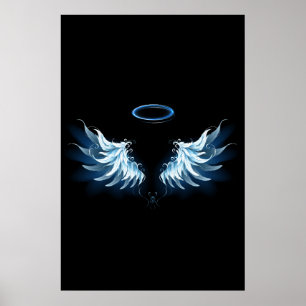 Blue Glowing Angel Wings on black background Poster