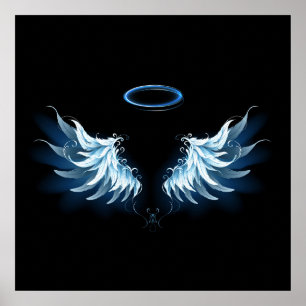 Blue Glowing Angel Wings on black background Poster