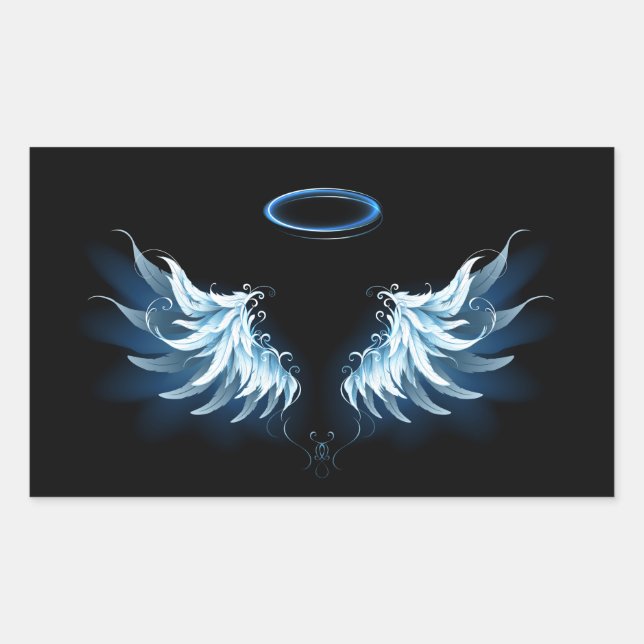 Blue Glowing Angel Wings on black background Rectangular Sticker (Front)