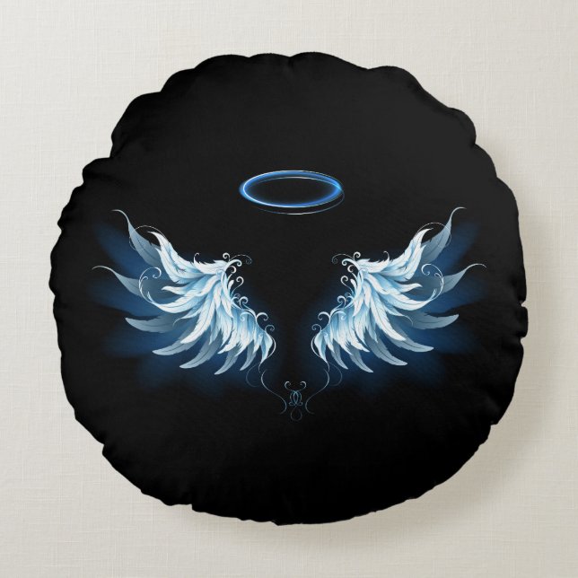 Blue Glowing Angel Wings on black background Round Cushion (Front)