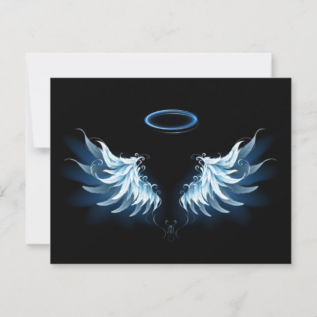 Blue Glowing Angel Wings on black background RSVP Card (Front)
