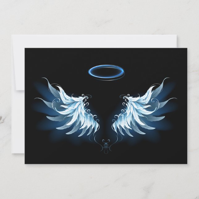 Blue Glowing Angel Wings on black background Save The Date (Front)