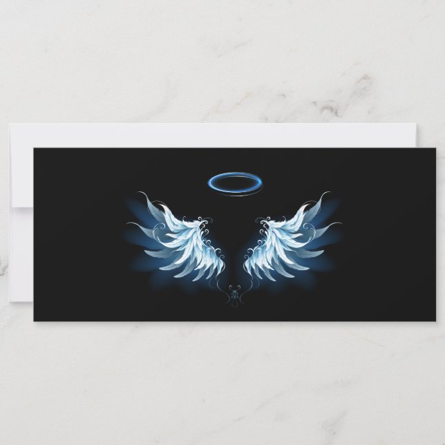 Blue Glowing Angel Wings on black background Save The Date (Front)
