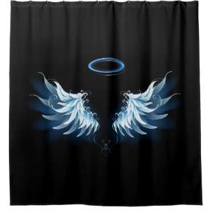 Blue Glowing Angel Wings on black background Shower Curtain