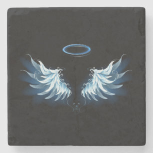 Blue Glowing Angel Wings on black background Stone Coaster