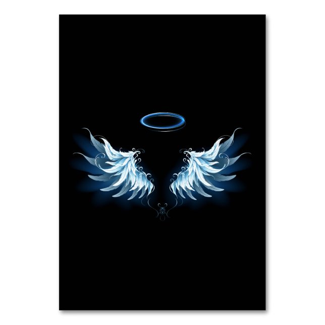Blue Glowing Angel Wings on black background Table Number (Front)