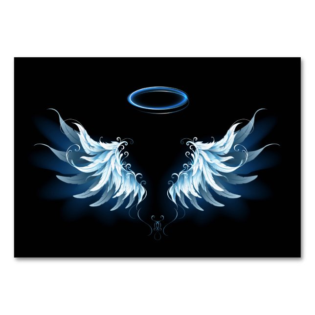 Blue Glowing Angel Wings on black background Table Number (Front)