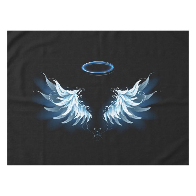 Blue Glowing Angel Wings on black background Tablecloth (Front (Horizontal))