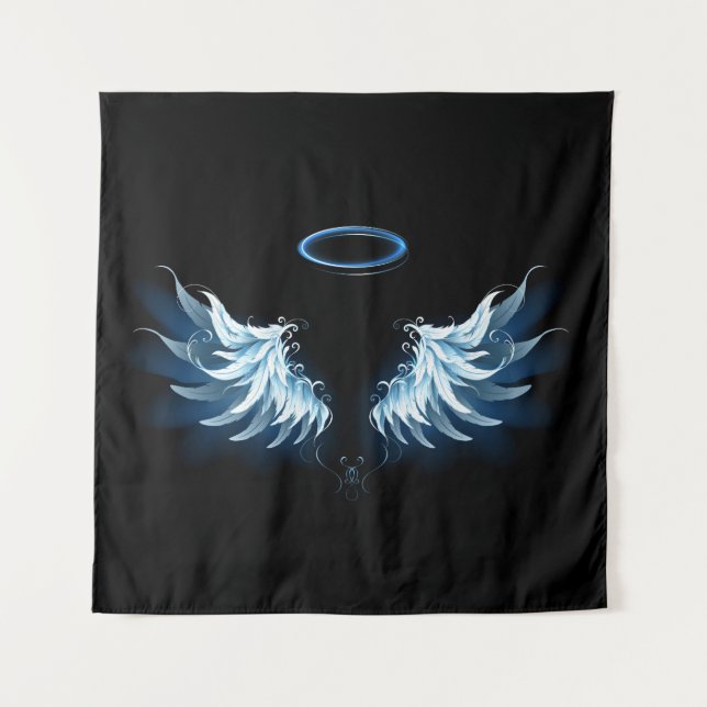 Blue Glowing Angel Wings on black background Tapestry (Front (Horizontal))