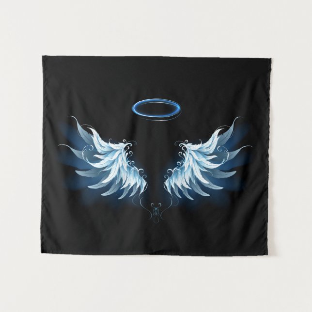 Blue Glowing Angel Wings on black background Tapestry (Front (Horizontal))