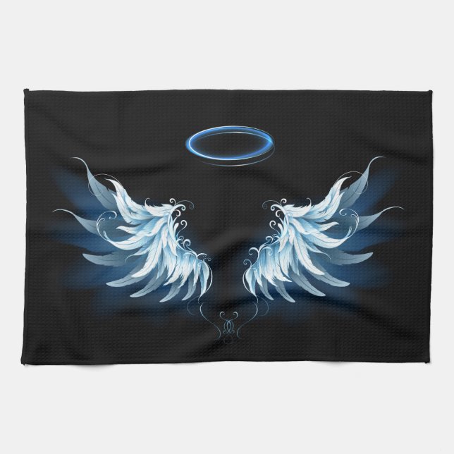 Blue Glowing Angel Wings on black background Tea Towel (Horizontal)
